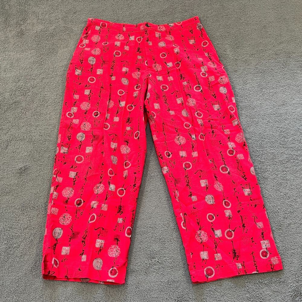 Chico's Design Red Linen Rayon Asian Graphic Crop Wide Leg Pants Women's Size 2